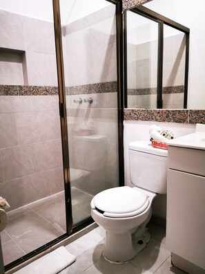 Shower, towels, soap, shampoo