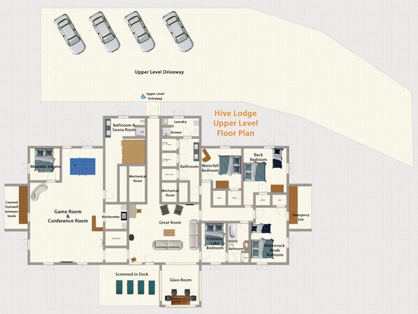 A floor plan of the Hive Lodge Upper Level, including a covered stairwell, game room, conference room, kitchenette, screened-in deck, glass room, and various bedrooms.