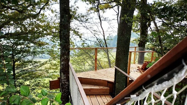 A wooden deck with a netted safety barrier, surrounded by lush greenery and trees. - The World of Echozellia - Loft Z (Saint-Germain-des-Champs)