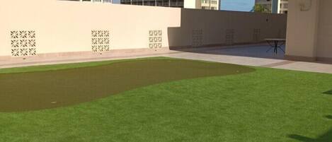 Un tetto con un prato verde, un muro bianco con decorazioni intagliate e un edificio alto sullo sfondo.