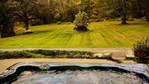 Un jacuzzi en un patio trasero con césped y árboles.