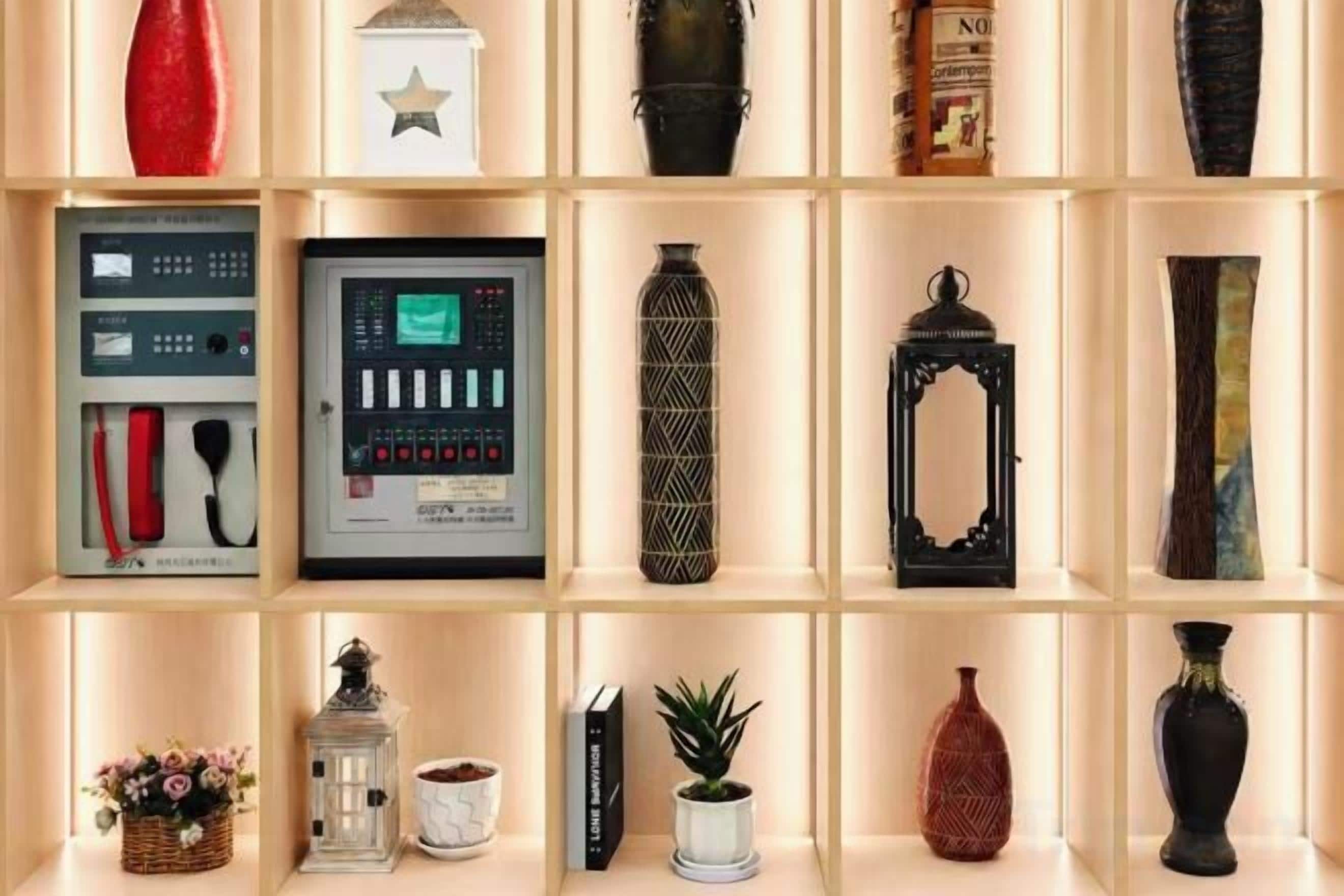 Una estantería con varios objetos, incluyendo un panel de control, una botella decorativa, un cuadro enmarco y una pequeña planta en maceta.