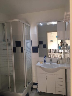 Chuveiro, secador de cabelo, toalhas de banho, papel higiênico