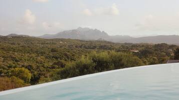 A pool with a view of a mountainous landscape.