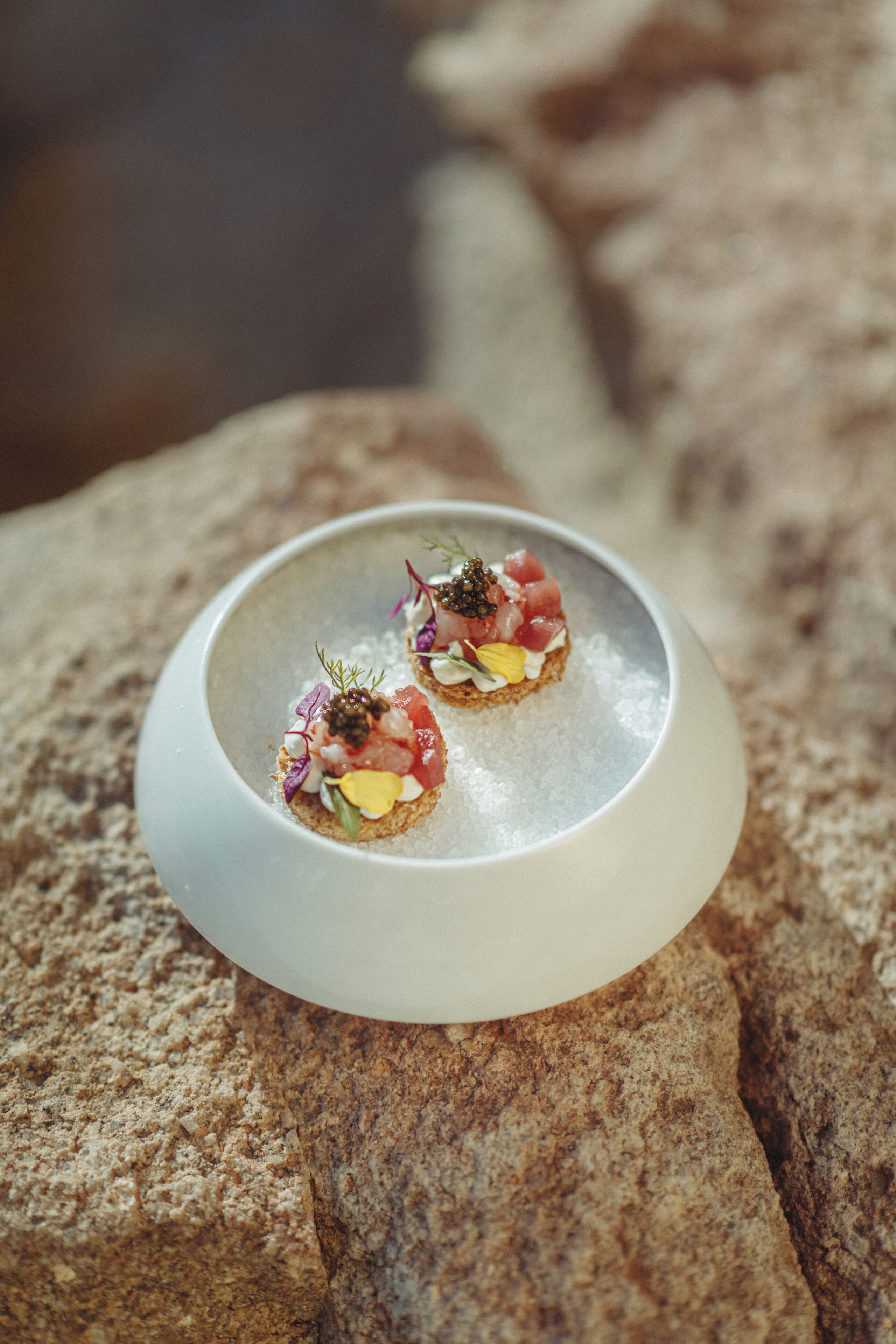 A plate with two appetizers on a textured surface.