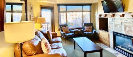 Smart TV, fireplace, DVD player, books