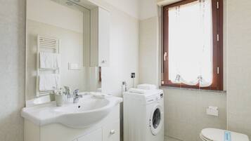 Combined shower/tub, hair dryer, bidet, towels