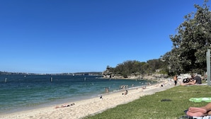 A beach with clear skies, a sandy shore, and a grassy area with people relaxing. - TREETOPS PENTHOUSE ROSE BAY, SYDNEY 3 BEDROOMS LOUNGE KITCHEN/GARAGE PARKING (Rose Bay North)