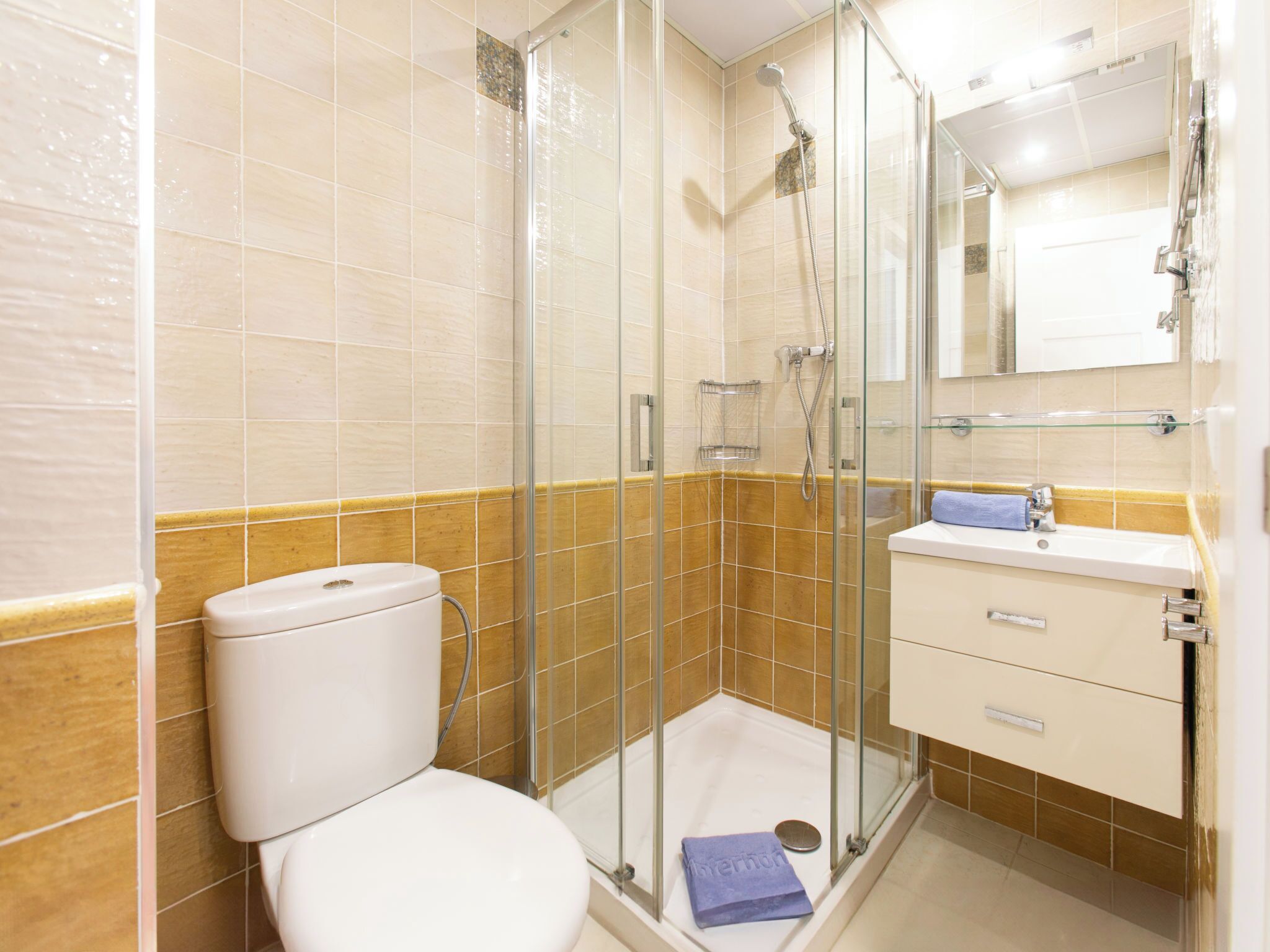 Une salle de bain avec une douche à parois de verre, des toilettes, un lavabo avec un miroir et une serviette sur le sol.