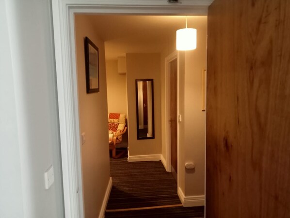 A hallway with a carpeted floor, a wooden door, and a light fixture.