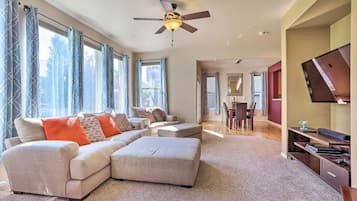 Smart TV, fireplace, video games, DVD player