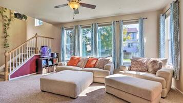 Smart TV, fireplace, video games, DVD player