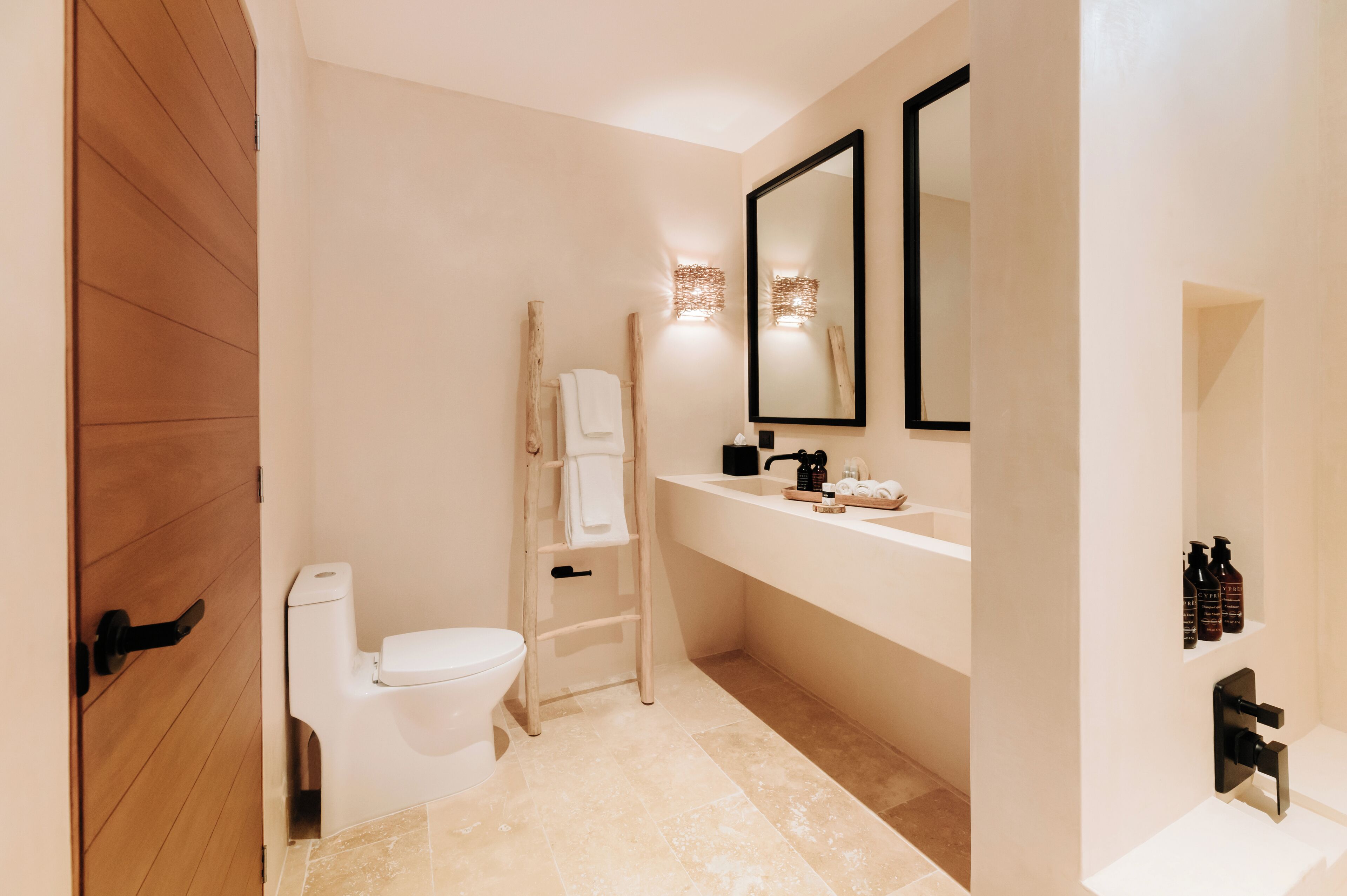 eco-friendly toiletries, hair dryer, bathrobes, towels