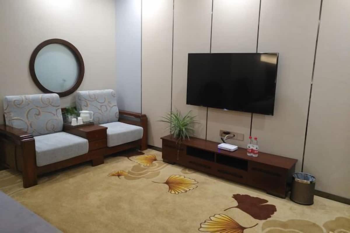 A living room with a sofa, a TV, a small table, and a decorative rug.