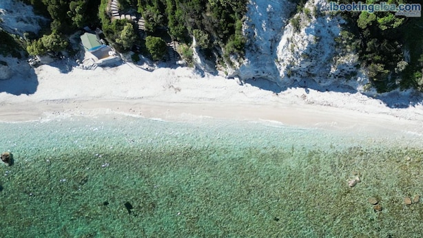 A beach with clear turquoise water, a sandy shore, and a building with a green roof.
