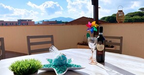 Tavolo apparecchiato all'aperto con una bottiglia di vino, due bicchieri, un piatto decorativo a forma di stella e una piccola pianta in vaso.