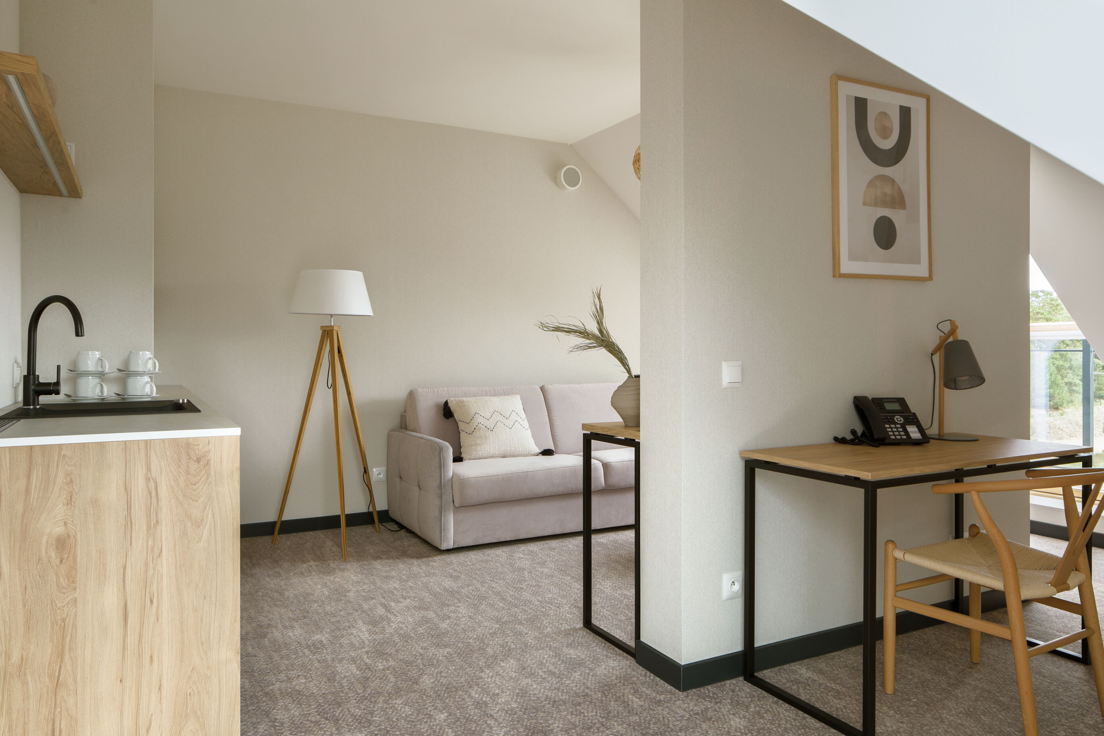 A modern living space with a kitchen area, a sofa, a desk, and a lamp.