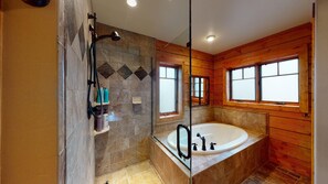 Bathtub, jetted tub, hair dryer, towels