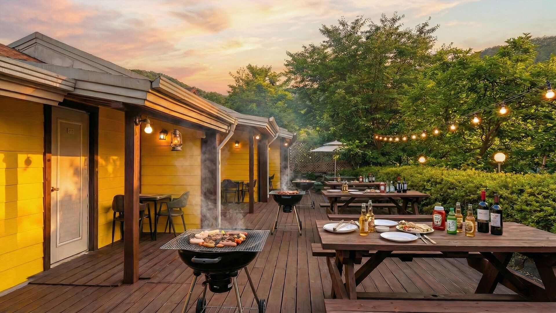 An outdoor patio with a barbecue grill, dining tables, and chairs.