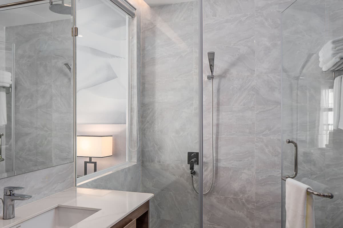 shower, rainfall showerhead, free toiletries, hair dryer