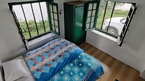 A room with a bed, a green door, and windows with a view of a parked car outside. - Pre Independence 2 BHK Bungalow,dalhousie,himachal (Dalhousie)