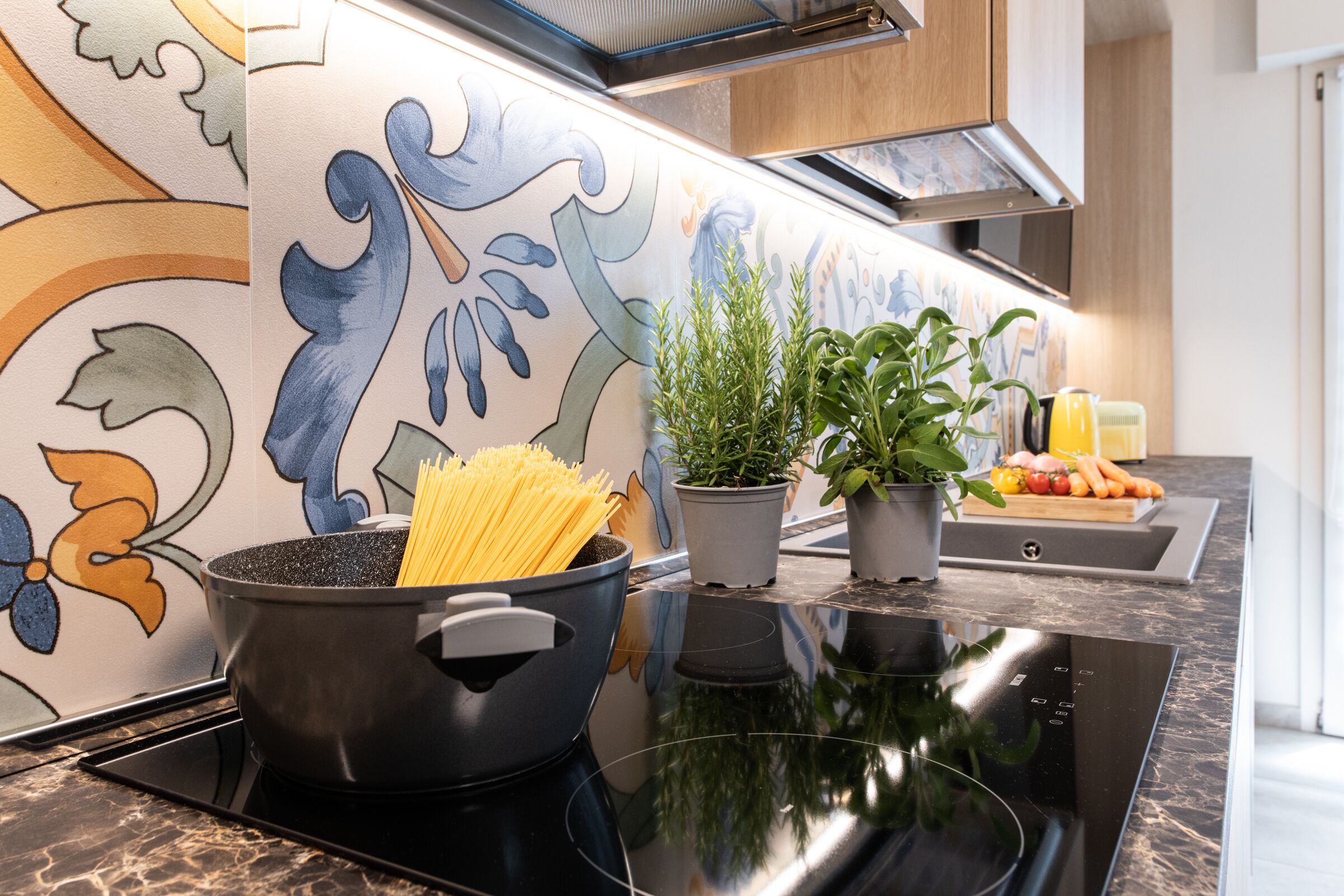 Une cuisine avec une plaque de cuisson à induction noire, une casserole de spaghettis et deux plantes en pot posées sur le comptoir.