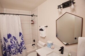 Combined shower/tub, hair dryer, shampoo, toilet paper