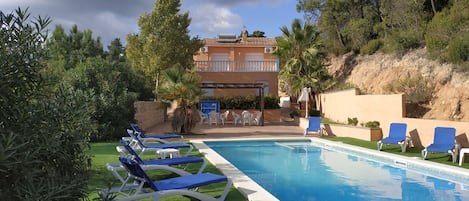 Ein Swimmingpool mit blauen Liegestühlen, umgeben von Grünpflanzen und einem Gebäude mit einem Ziegeldach.