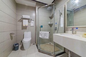 A modern bathroom with a glass-enclosed shower, a toilet, and a sink with a mirror.