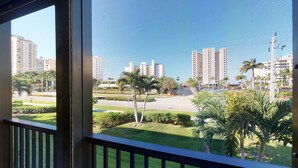 A view from a window overlooking a well-maintained garden with palm trees, a road, and tall buildings in the background. - Prime Location I Free Beach Access Directly Across The Street!!! (Marco Island)