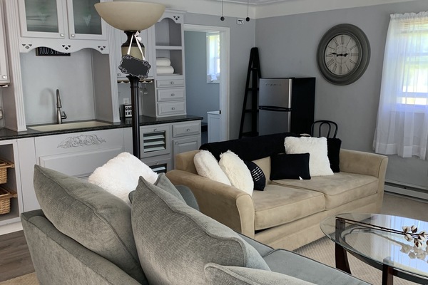 Full living area with flat screen tv, kitchenette, and 2 couches.