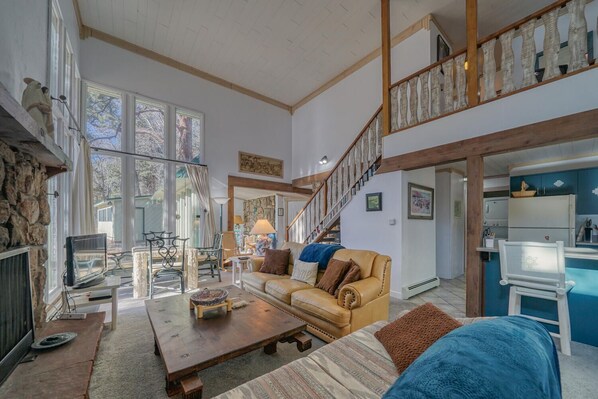 Älytelevisio, takka, DVD-soitin, kirjoja