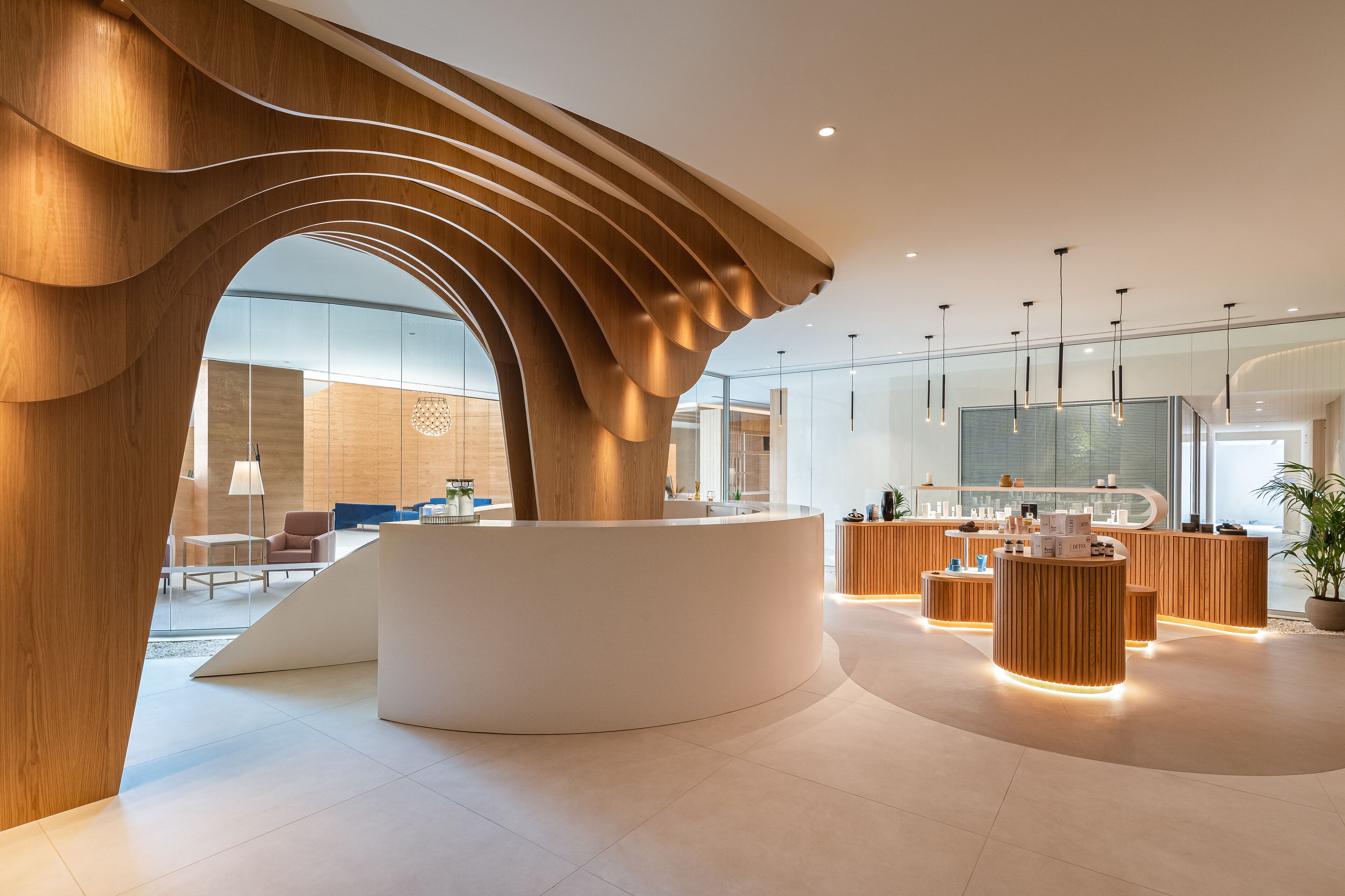 A modern reception area with a curved reception desk, wooden accents, and a glass partition.