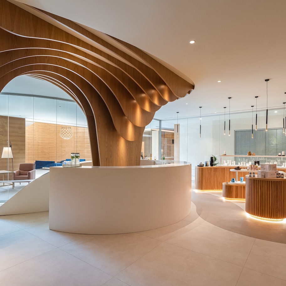A modern reception area with a curved reception desk, wooden accents, and a glass partition.