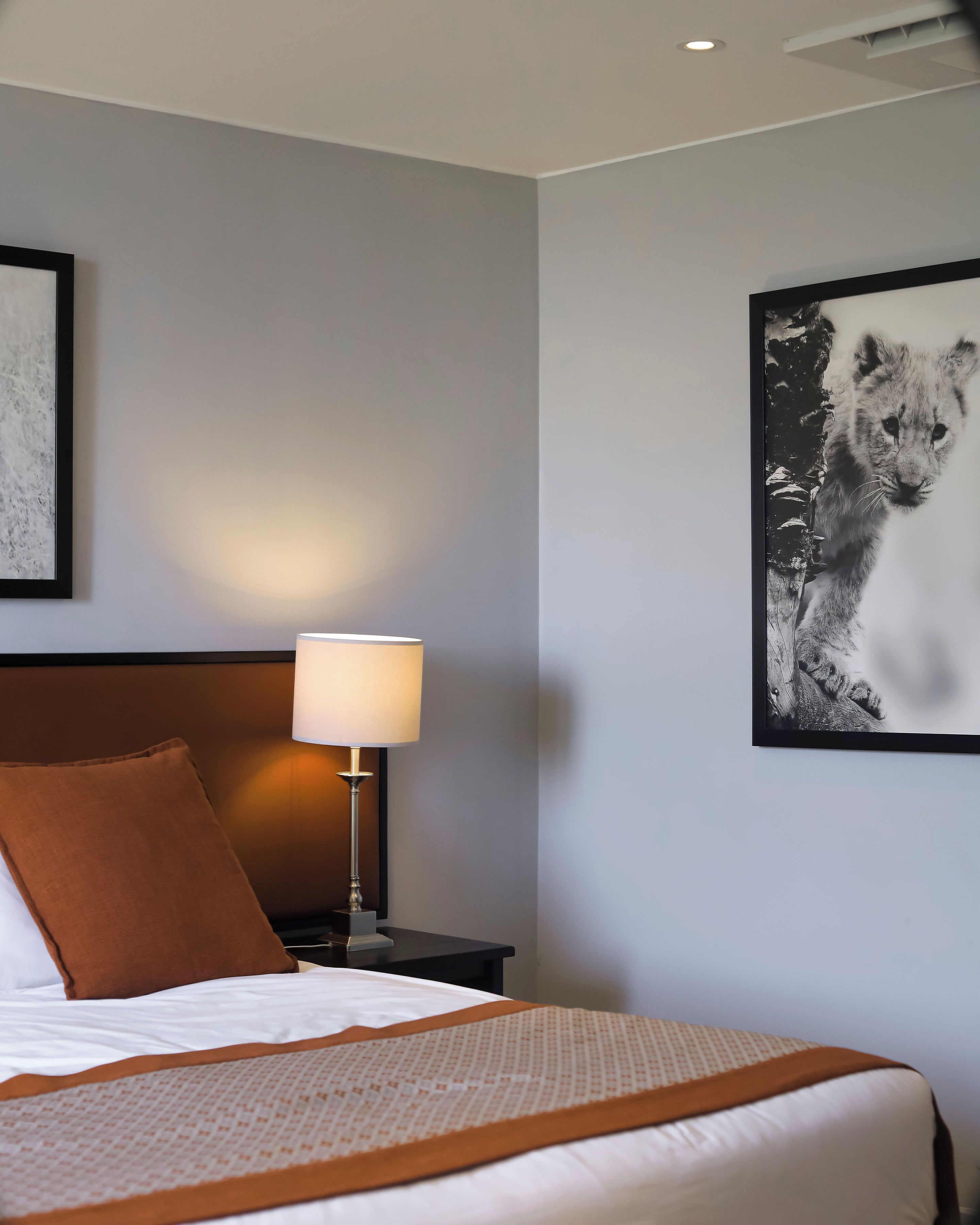 Una habitación de hotel con una cama, una mesita de noche con una lámpara, un cuadro enmarcado en la pared y una almohada.