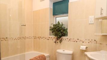 Une salle de bain avec une baignoire, des toilettes et un lavabo.