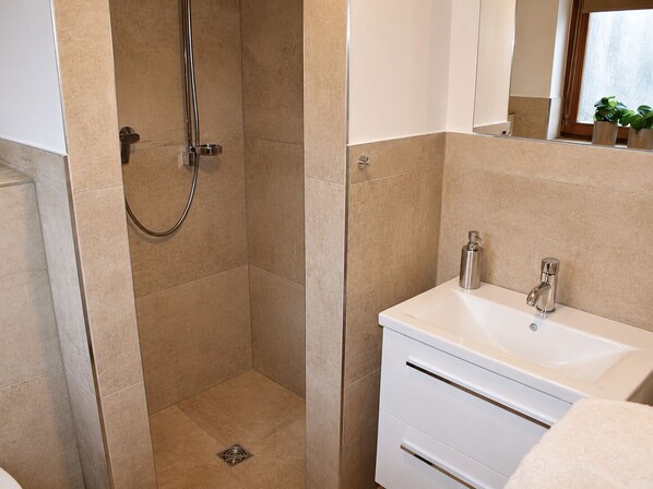 Regadera, jabón, papel de baño 