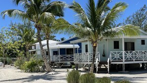 A beachfront property with a light blue building, white railings, and palm trees. - Tranquil romantic getaway (Belize)