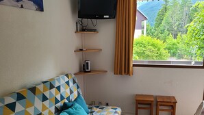 Une pièce chaleureuse avec un canapé à motifs, un téléviseur fixé au mur, une petite table et une fenêtre donnant sur un paysage verdoyant.