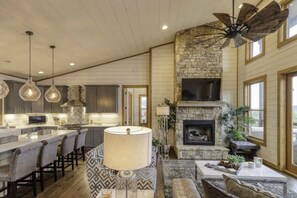 TV, fireplace, offices - Luxury Blue Ridge Cabin • Pool, Hot Tub, Views (Mineral Bluff)