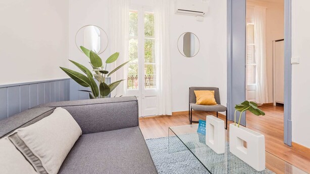 Una sala moderna con un sofá gris, un sillón pequeño y una planta grande en maceta. Hay dos espejos redondos en las paredes y una mesa de centro de vidrio.