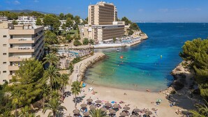 Un hotel frente al mar con playa, aguas azul turquesa y palmeras.