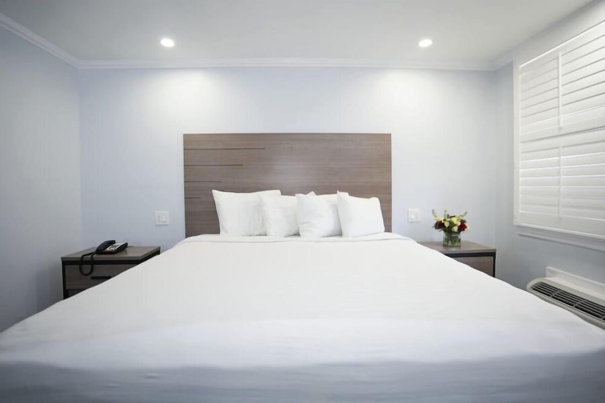 A hotel room with a large bed, a bedside table with a phone, and a wall-mounted heater.