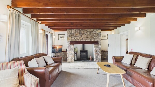 Una sala de estar acogedora con chimenea de piedra, sofás de cuero y techo de madera.