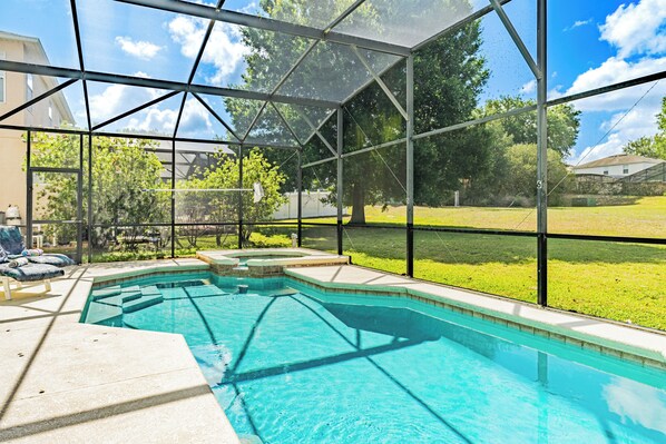 Outdoor pool, pool umbrellas, sun loungers