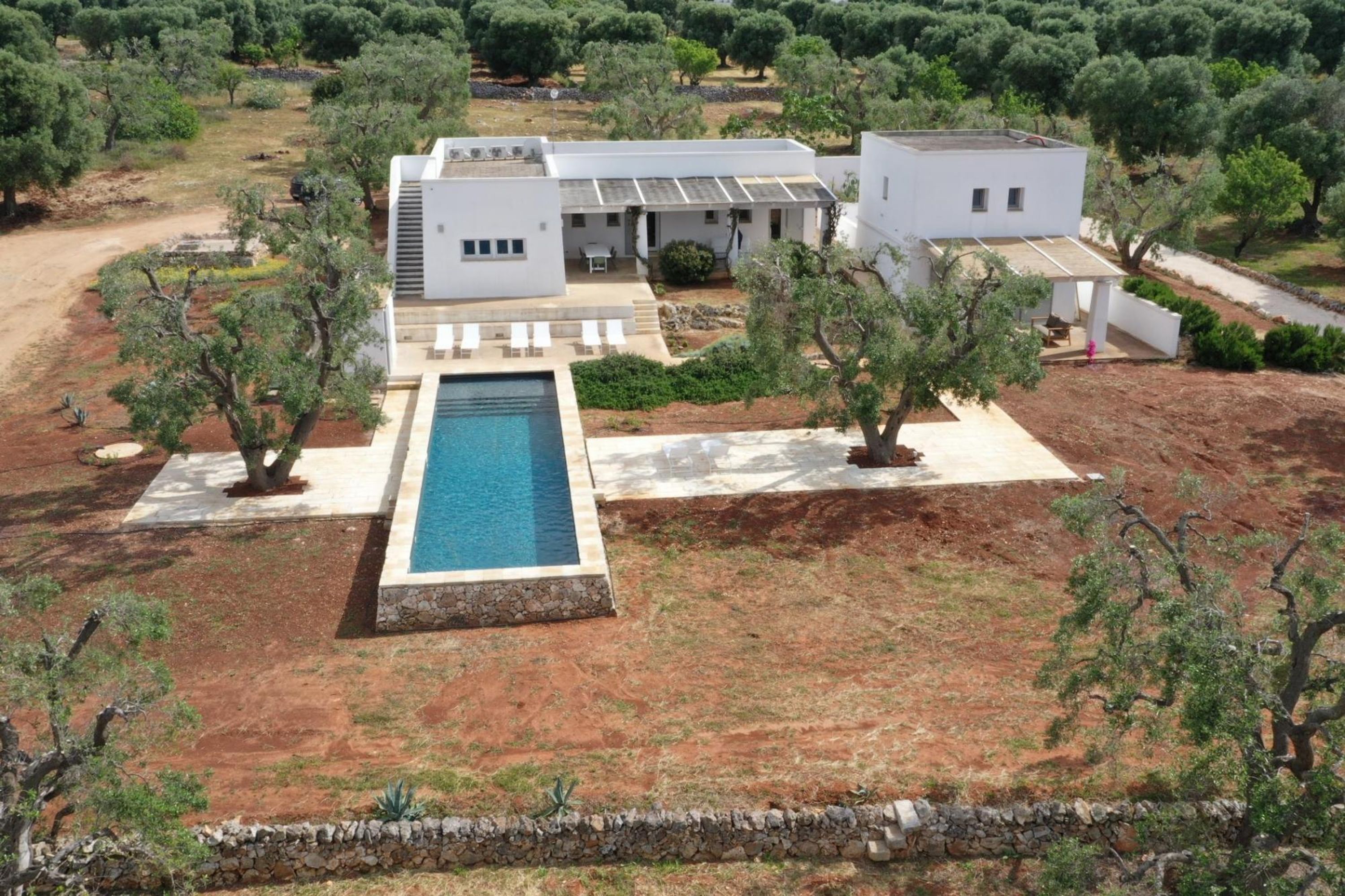 Eine moderne Villa mit Swimmingpool, umgeben von Olivenbäumen und einer Steinmauer.