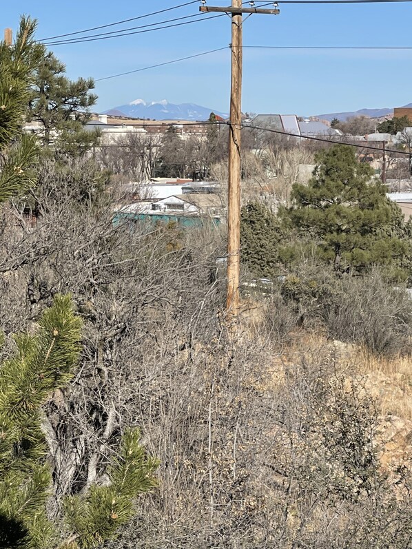 A utility pole with power lines, surrounded by dry vegetation and a distant view of buildings and mountains.