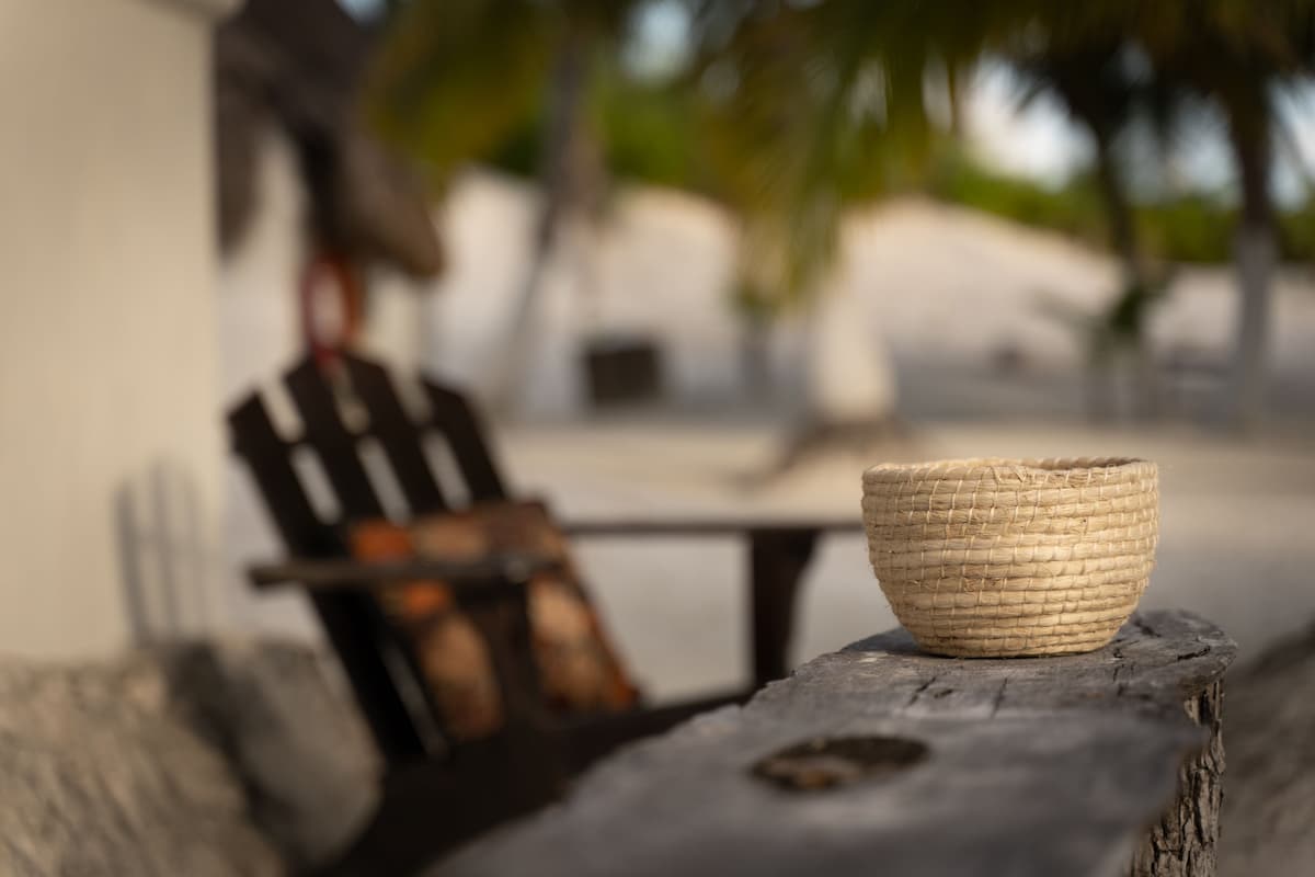 A woven basket on a rustic wooden surface, a black chair with cushions, and a blurred background with a palm tree.