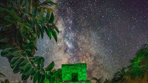 Una estructura piramidal iluminada en verde, rodeada de vegetación tropical bajo un cielo estrellado.