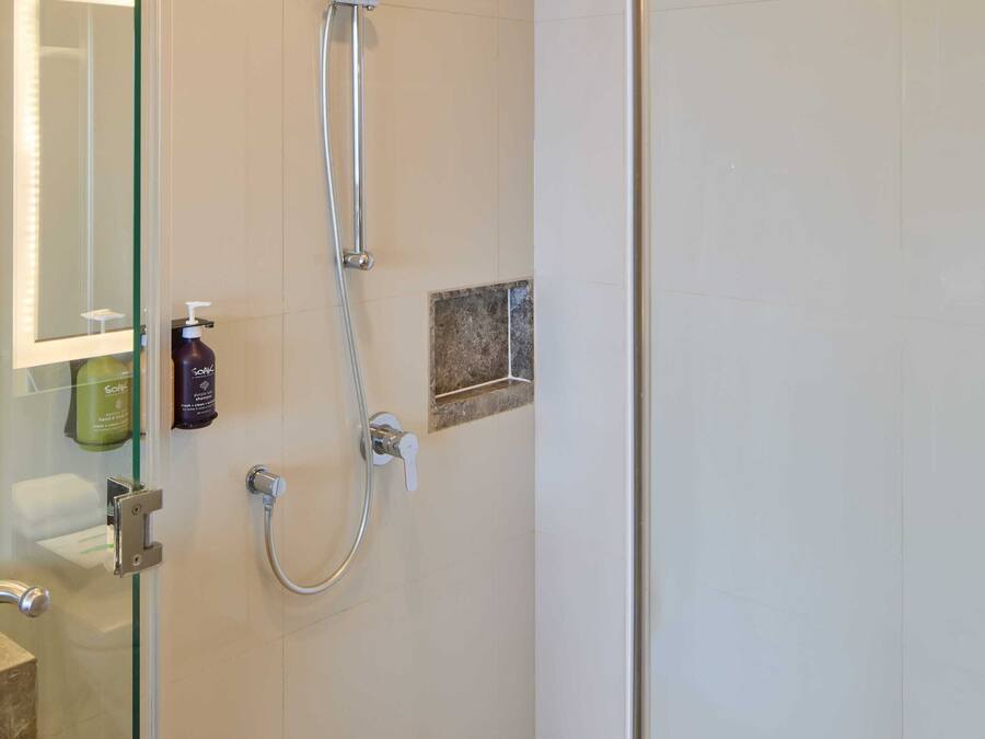 A modern bathroom with a glass shower enclosure, a handheld showerhead, and a small shelf with toiletries.